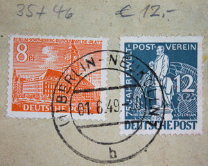 Postage stamp from the FRG Berlin. Printed on April 9, 1949 and May 7, 1949. Schöneberg Town Hall.