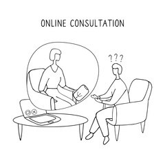 Patient talking to psychologist. Psychotherapy counseling. Online therapy session. Doodle vector graphic