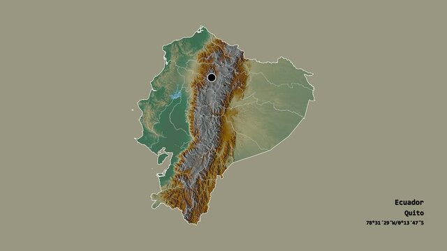 Santo Domingo de los Ts&aacute;chilas, province of Ecuador, with its capital, localized, outlined and zoomed with informative overlays on a relief map in the Stereographic projection. Animation 3D