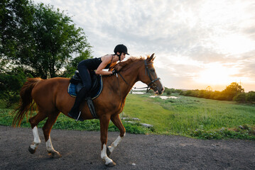 A young pretty girl jockey riding a thoroughbred stallion is engaged in horse riding at sunset. Equestrian sports., horse riding