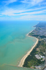 Daytime view from a flying plane at high altitude. Coast. Coastline of Thailand.