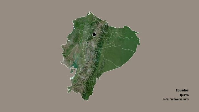 Santo Domingo de los Ts&aacute;chilas, province of Ecuador, with its capital, localized, outlined and zoomed with informative overlays on a satellite map in the Stereographic projection. Animation 3D