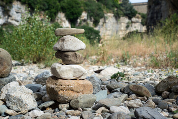 Closeup of stone balance in the dry river