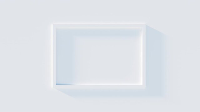 Abstract 3D animation of frame on white wall with shadows light effect. White rectangle moving from wall and disappears. Background business footage.