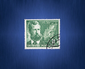 Postage stamp from the FRG Berlin. Printed on May 11, 1954. 100th birthday of Ottmar Mergenthaler.