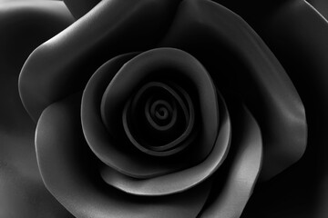 Black and white branded photo.Big black rose background.Soft focus.