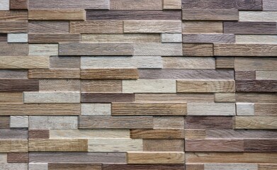Wall covering panel in stoneware with multicolored wooden strips effect in relief. Background and texture