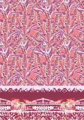 Lilac flowers with an abstract border, seamless pattern.