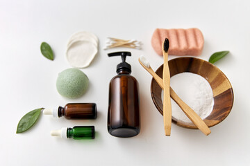 beauty, sustainability and eco living concept - natural cosmetics and bodycare eco products on...