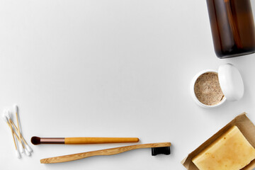 beauty, sustainability and eco living concept - natural cosmetics and bodycare eco products on white background