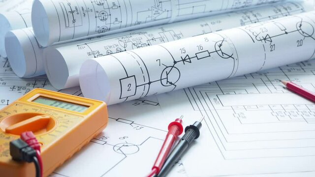 Work of engineer electronics. Digital multimeter and paper engineering electrical drawings	
