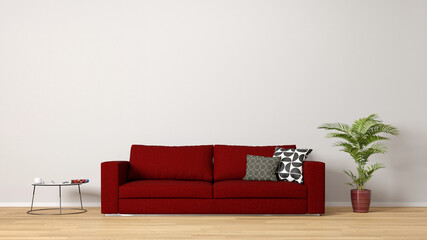 Rotes Sofa mit Palme und Tisch vor Wand