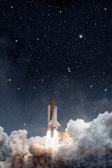 Space shuttle launches in еру starry sky (elements of this image furnished by NASA) - obrazy, fototapety, plakaty