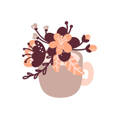 Vector kitchen cup illustration with floral bouquet for food blog. Hand drawn cute design element. For restaurant, cafe menu or banner, poster