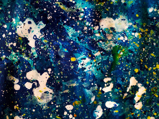 blue, white, yellow spots of paint 
turquoise background, gouache, watercolor