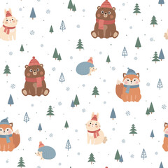 Vector seamless pattern with cute forest animals, fox, bear, rabbit, hedgehog. Scandinavian style illustration, winter Christmas background - 365176544