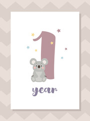 Cute baby month anniversary card with koala, one year, vector illustration - 365176554