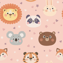 Vector seamless pattern with cute wild animals, colorful kids background