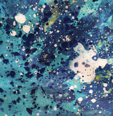 Fototapeta na wymiar blue, white, yellow spots of paint turquoise background, gouache, watercolor