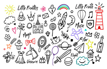 Doodle fairy princess and prince sketch set. Collection of black hand drawn symbols. Cute magic crown, star, .unicorn, sword, shield, castle and candies for little baby girl and baby boy. Design kit.