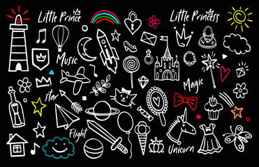 Princess and prince chalk doodle sketch set. Collection of hand drawn outline symbols. Cute magic crown, star, .unicorn, sword for little baby girl and baby boy. Design kit on black board background