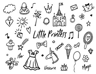 Doodle fairy princess line sketch set. Collection of black hand drawn outline symbols and elements. Cute magic crown, star, .unicorn, castle, heart, diamond, candies for little baby girl. Design kit.