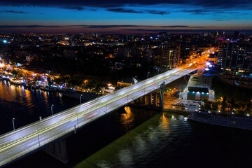 Fototapeta na wymiar Don River and embankment at sunset. Rostov-on-Don. Aerial view.