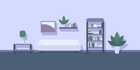 interior, living room, couch, bookcase, plant, shelf, coffee table, lamp, vector illustration