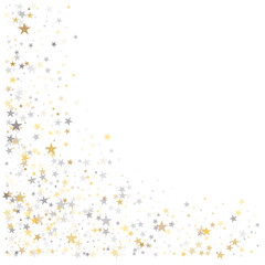 Gold and silver stars background, sparkling christmas lights confetti falling isolated on white. magic shining Flying stars glitter cosmic backdrop, sparkle vector border