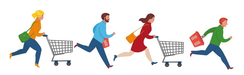 Cartoon people run to the sale. Shopping in supermarket. Flat vector concept of promotion and discount.