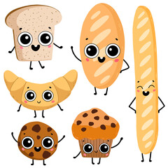 Cute cartoon flat bread illustration. Set of bread with eyes isolated on a white background. Baguette, toast, cupcake, cookie, loaf and croissant in kawaii style.