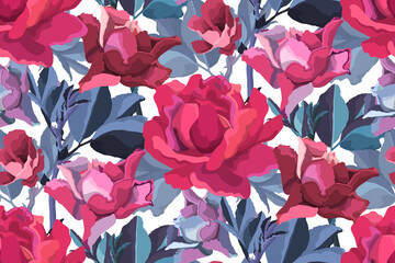 Vector floral seamless pattern. Pink, burgundy, maroon, purple garden roses, blue branches with leaves isolated on white. Flowers background.