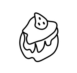 Vector strawberry cake slice with a black line.Simple food and cooking illustration in doodle style on a white isolated background hand drawn. Design for social networks,web,advertising,banners,menus.