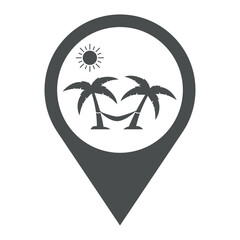 Concepto destino de vacaciones de verano. Icono plano hamaca colgada entre palmeras en playa en puntero color gris
