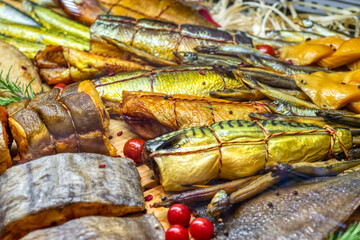 A variety of smoked fish. Beautiful fish showcase.