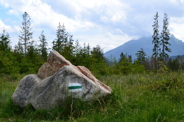 View from the mountain green trail to the Rusinowa glade (Rusinowa Polana) on Tatra mountains, Poland. View with mountain peak and huge stone with green trail sign © PaulSat