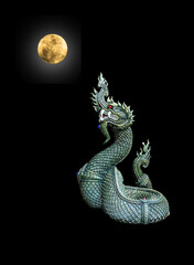 Naga Head the King of Sneak Serpent Statue with fullmoon on black background, Phayanak or naga statue in Thailand - obrazy, fototapety, plakaty