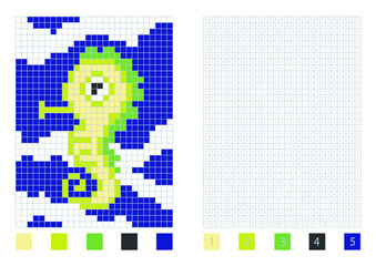 Pixel fich horse cartoon in the coloring page with numbered squares, vector illustration