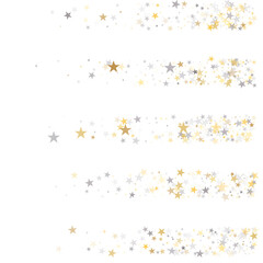 Gold and silver stars background, sparkling christmas lights confetti falling isolated on white. magic shining Flying stars glitter cosmic backdrop, sparkle vector border
