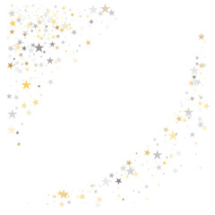 Gold and silver stars background, sparkling christmas lights confetti falling isolated on white. magic shining Flying stars glitter cosmic backdrop, sparkle vector border