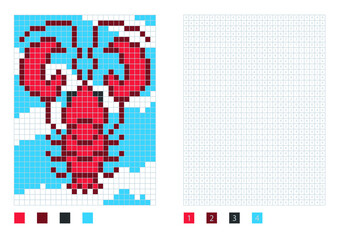 Pixel lobster cartoon in the coloring page with numbered squares, vector illustration