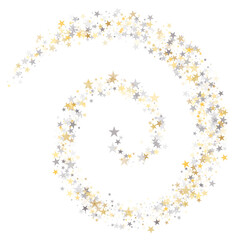 Gold and silver stars background, sparkling christmas lights confetti falling isolated on white. magic shining Flying stars glitter cosmic backdrop, sparkle vector border