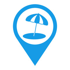 Concepto de vacaciones y viajes. Icono plano sombrilla proyectando sombra en puntero color azul