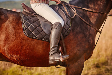 Detailed view of the rider's shoes and costume with spurs and stirrups, saddle and harness