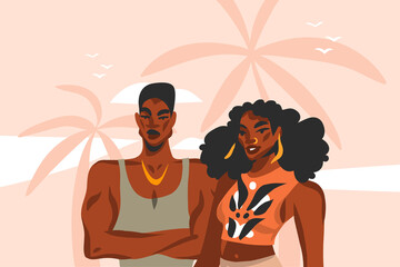 Obraz na płótnie Canvas Hand drawn vector abstract stock flat graphic illustration with young ,happy black afro american beauty couple in fashion outfit on sundown view scene on the beach isolated on pink pastel background