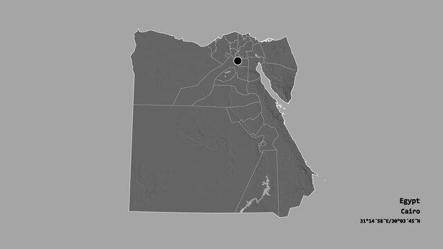 Al Minya, governorate of Egypt, with its capital, localized, outlined and zoomed with informative overlays on a bilevel map in the Stereographic projection. Animation 3D