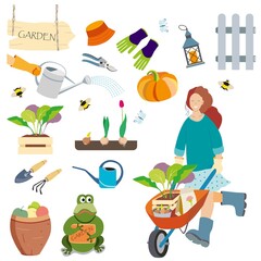 
Seth on the topic of gardening. Rest and gardening. Set. Collection. Garden tools and equipment. Harvest. garden figure. Girl with a garden wheelbarrow.