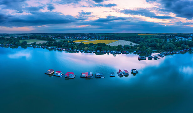 Lake Bokod next to Oroszlany city in Hungary. This is a man-made cooling lake for the power plant what there is shore. Here is the famous fishing floating village too.
