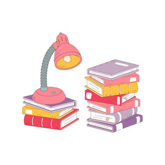 Stack of books and desk lamp isolated on white background. Pile of books vector illustration cartoon style