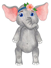 Little elephant girl with a flower bandage on her head and big blue eyes. Deck hand-drawn illustration. Isolated on a white background.